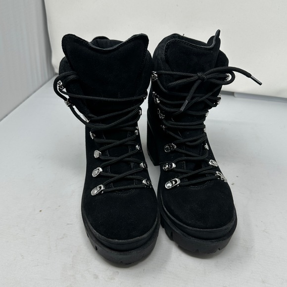 Jeffrey Campbell Black Suede Golan Leather Lug Heel Ankle Boots Womens 9.5M FLAW - Picture 2 of 15